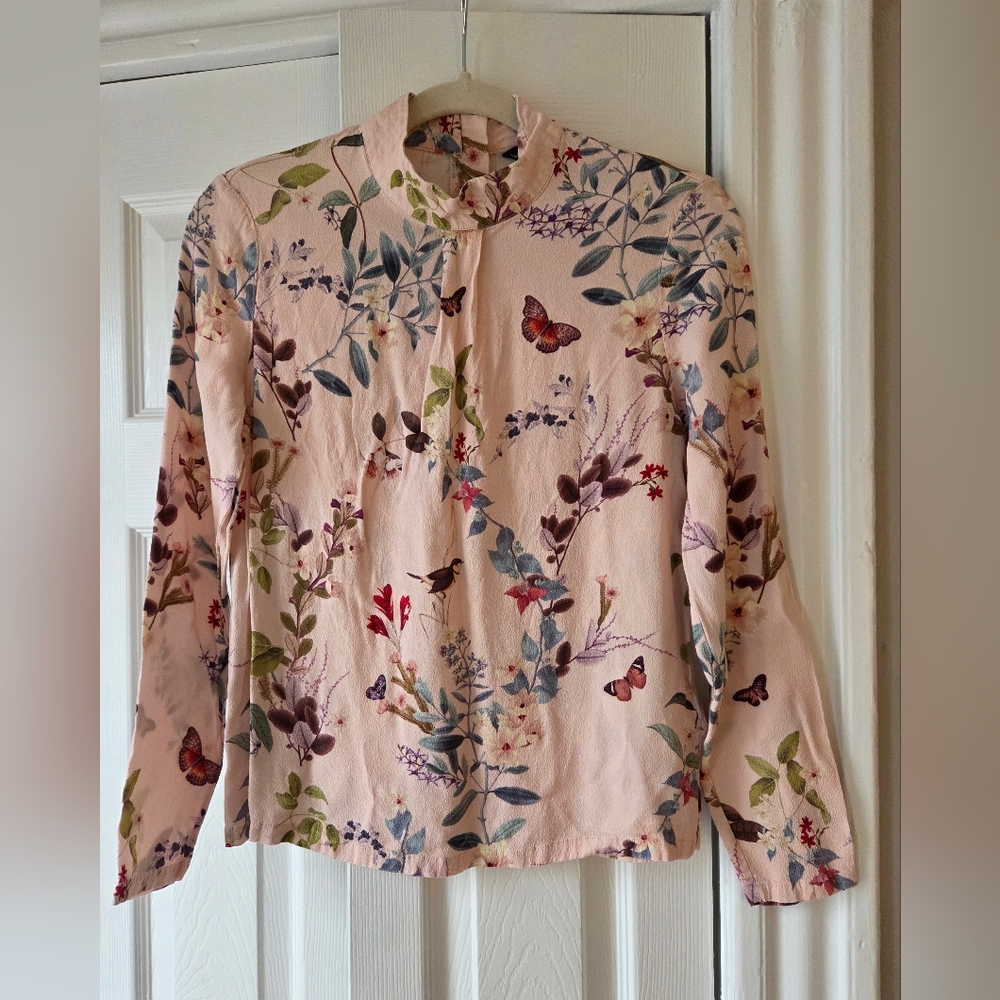 Floral Butterfly Long-Sleeve Top - Pink, Size Small
